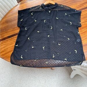 Black Sheer Swiss Dot Button-Up Blouse with Yellow Toucan bird Accents